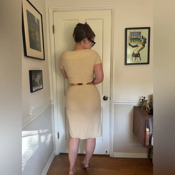 50s Vintage Cream Boucle Knit Wool Wiggle Dress - Picture 2 of 10